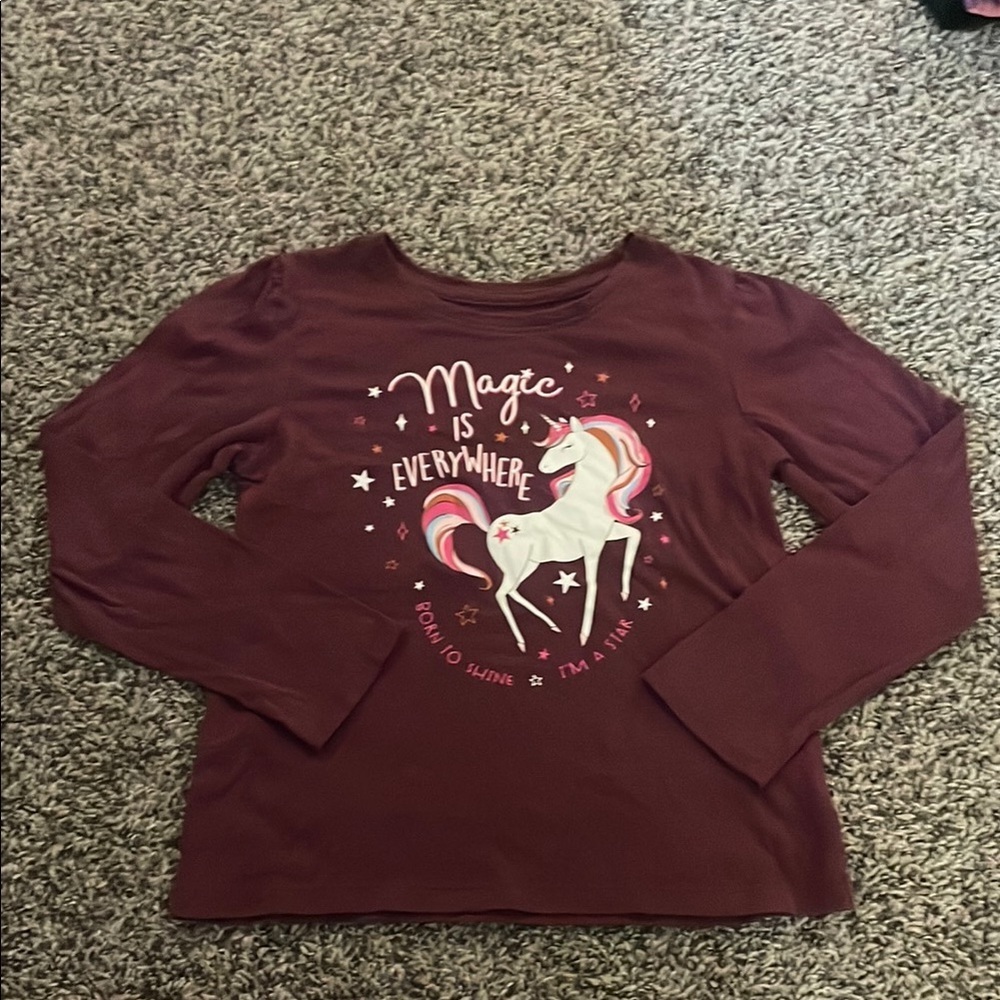 Whimsical Unicorn Burgundy Long Sleeve Tee Shirt